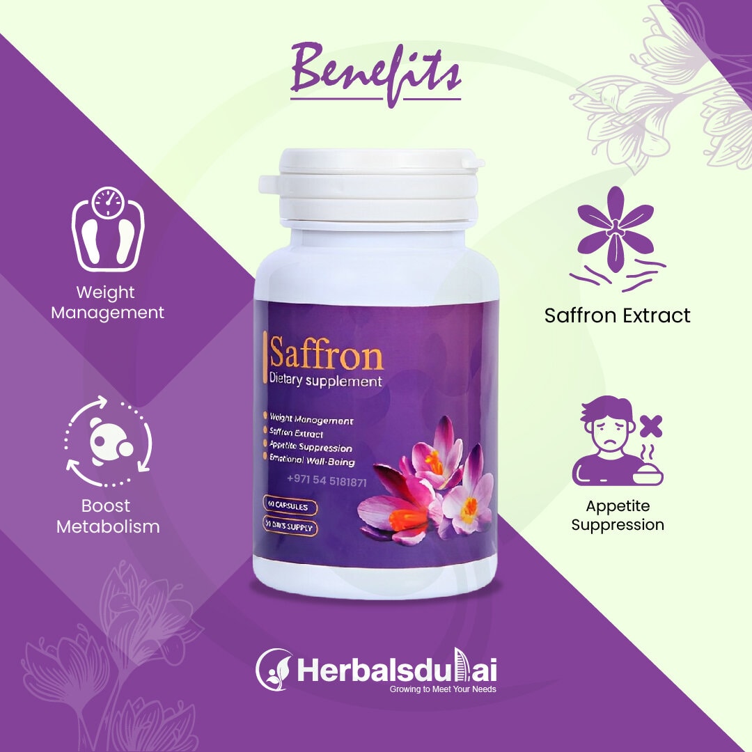 Saffron dietary supplement bottle with benefits highlighted, including weight management, saffron extract, appetite suppression, and boost metabolism, from Herbals Dubai.