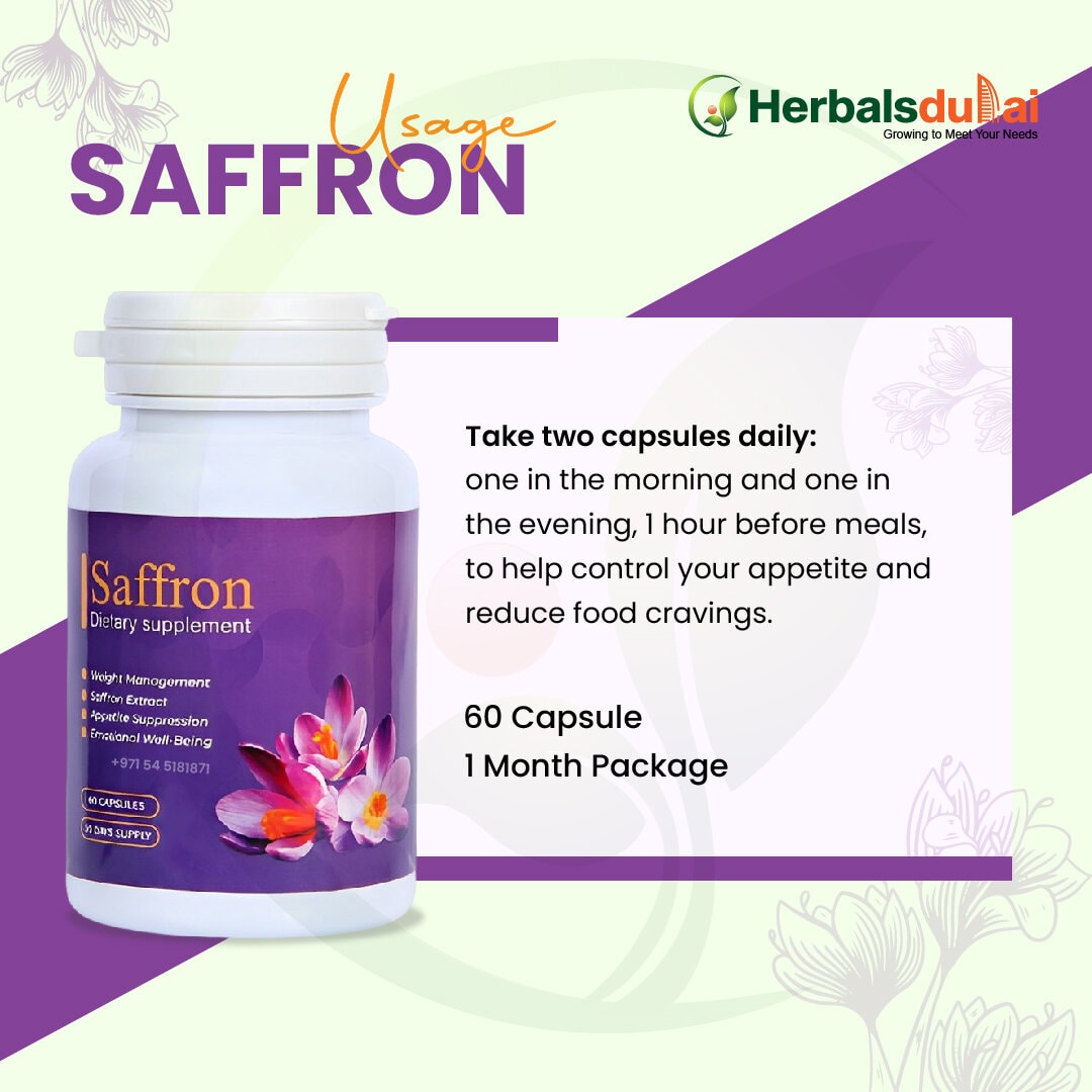 Saffron dietary supplement bottle with purple label, advertising weight management benefits. Text highlights usage instructions to take two capsules daily for appetite control. Packaging includes 60 capsules for a one-month supply. Brand logo, Herbals Dubai, is visible.