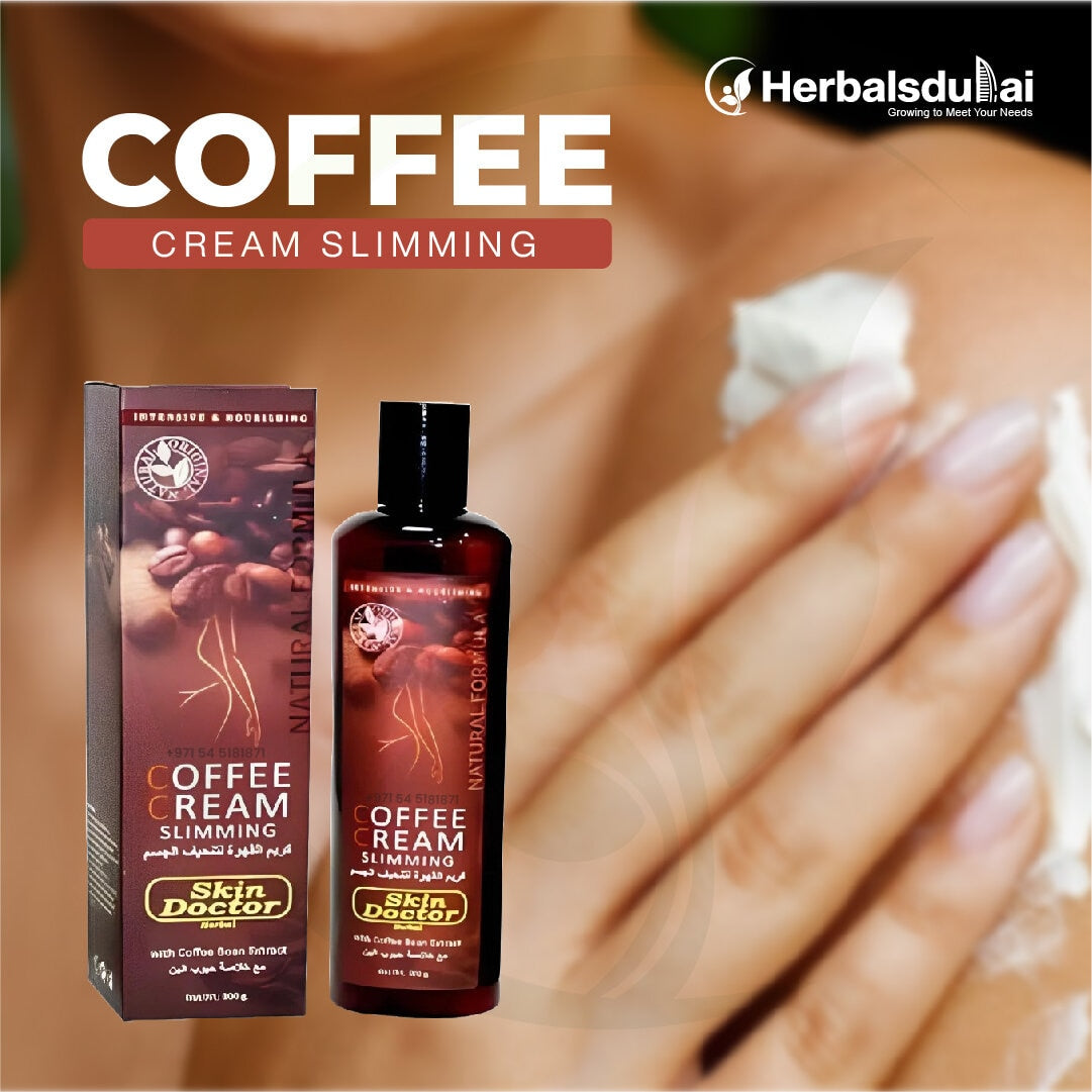 Coffee slimming cream and packaging displayed with a focus on skin application, highlighting the product's natural formula and Herbal Dubai branding.