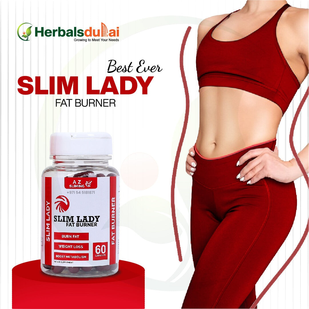 Image of a product labeled "Slim Lady Fat Burner" in front of a fit woman wearing a red sports outfit, with branding for Herbals Dubai.