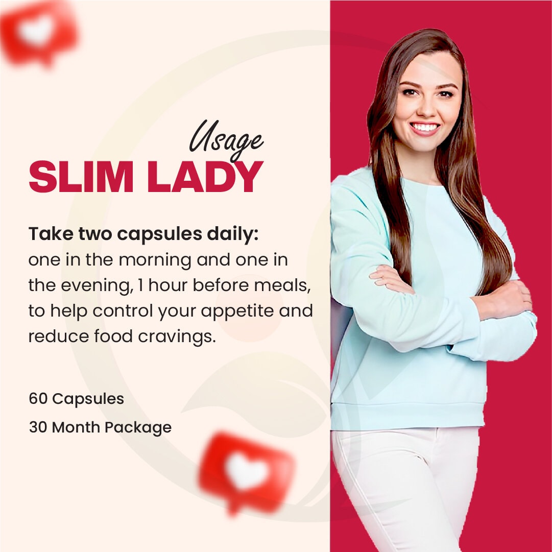 A smiling woman with long hair stands confidently in a promotional image for Slim Lady, with text detailing dosage instructions: take two capsules daily to help control appetite and reduce food cravings. The packaging offers 60 capsules for a 30-month supply.