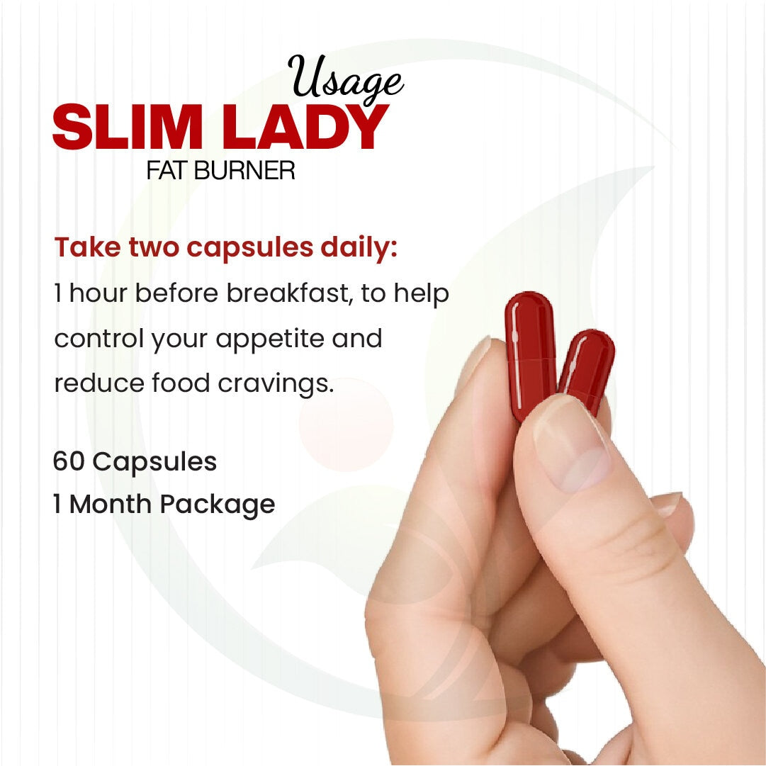 A hand holding two red capsules against a background with text instructions for using Slim Lady fat burner capsules, including dosage and benefits.