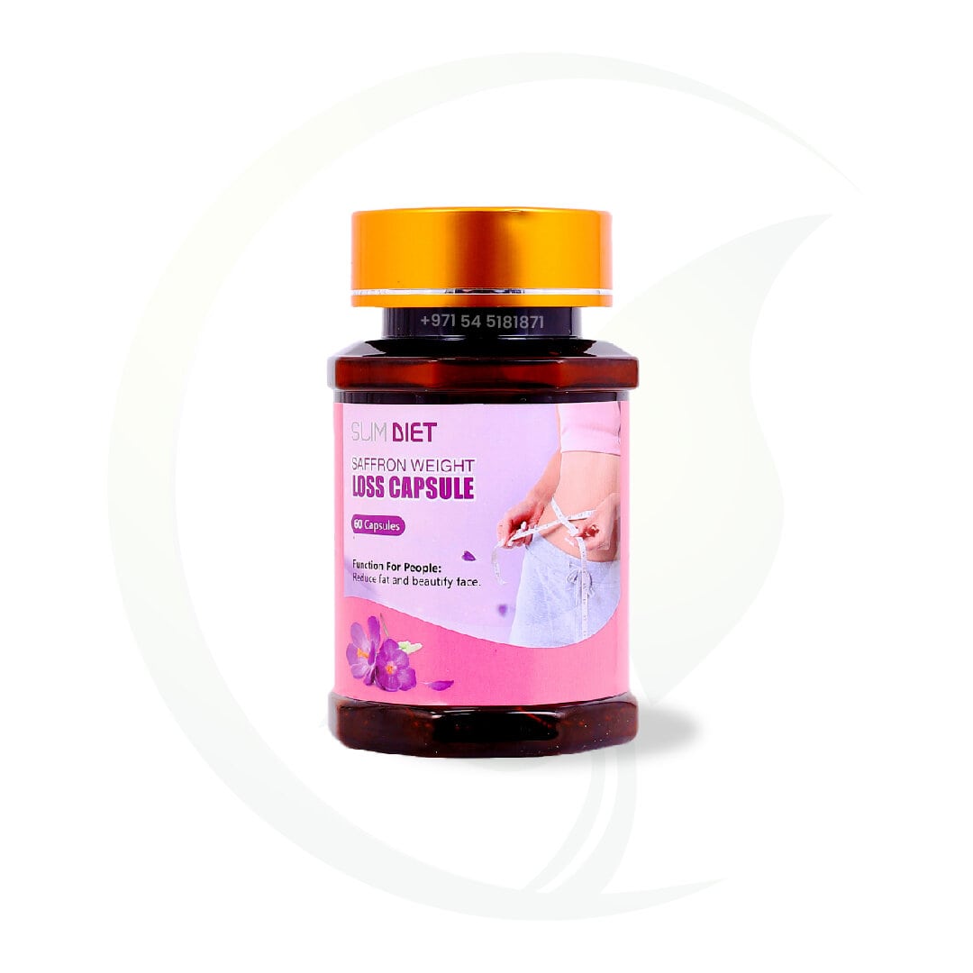 A bottle of Slim Diet Saffron Weight Loss Capsules with a label featuring an image of a woman's waist and a saffron flower, designed to aid in reducing fat and beautifying the face.