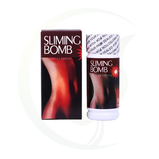 Bottle and box of Sliming Bomb weight loss product on a white background.