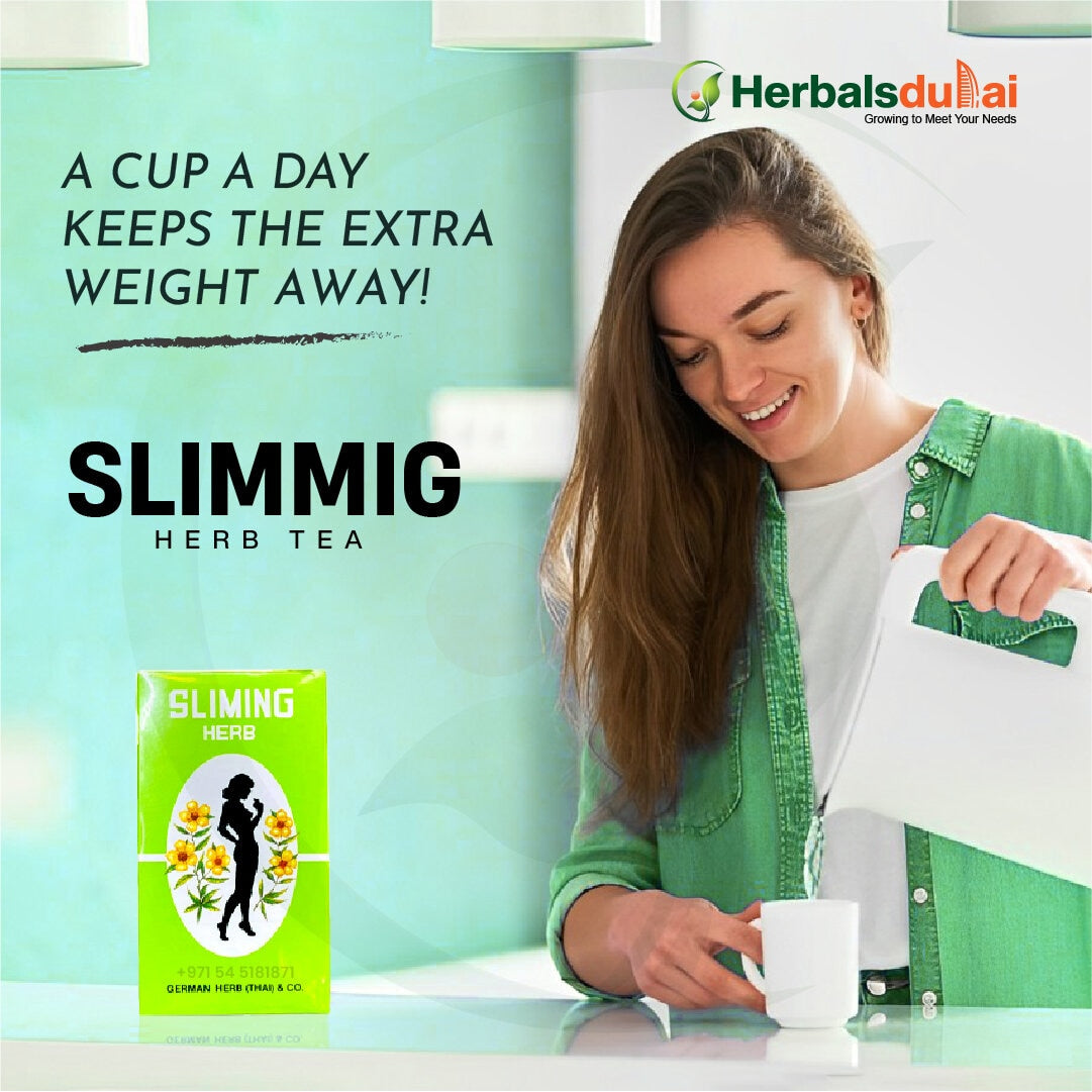 A woman pouring hot water into a teacup with Slimmig Herb Tea packaging in the foreground, promoting weight management benefits.