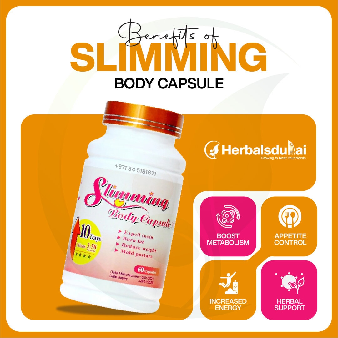 Image featuring a bottle of Slimming Body Capsule by Herbalsdubai, highlighting benefits like metabolism boost, appetite control, increased energy, and herbal support.