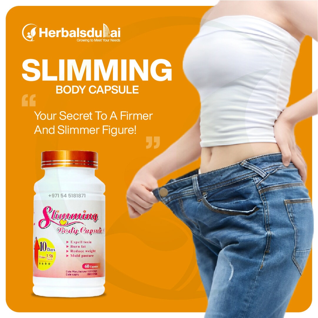 Woman wearing loose jeans showcasing weight loss next to a bottle of Herbal Dubai Slimming Body Capsule on an orange background.