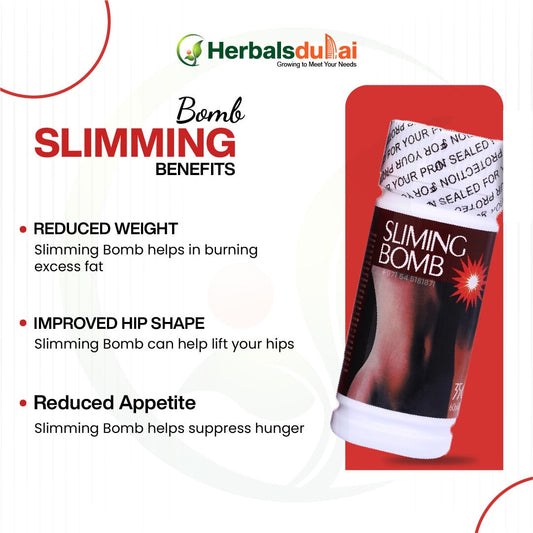 A promotional image for Slimming Bomb highlighting its benefits including reduced weight, improved hip shape, and reduced appetite. The product packaging features the logo of Herbals Dubai.