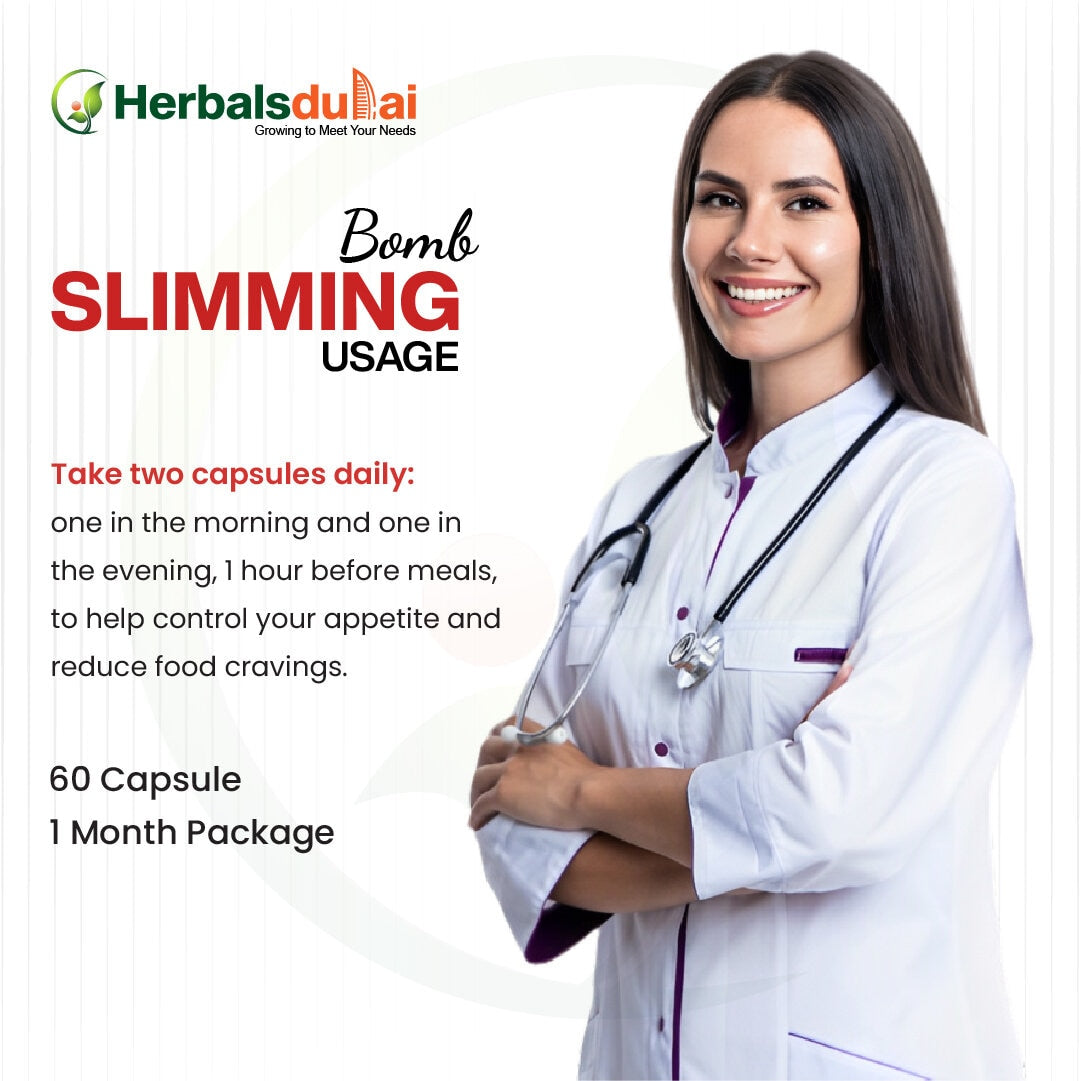 A smiling woman in a medical coat with a stethoscope, promoting Herbal Dubai's Bomb Slimming capsules, which are recommended for appetite control and reducing food cravings.