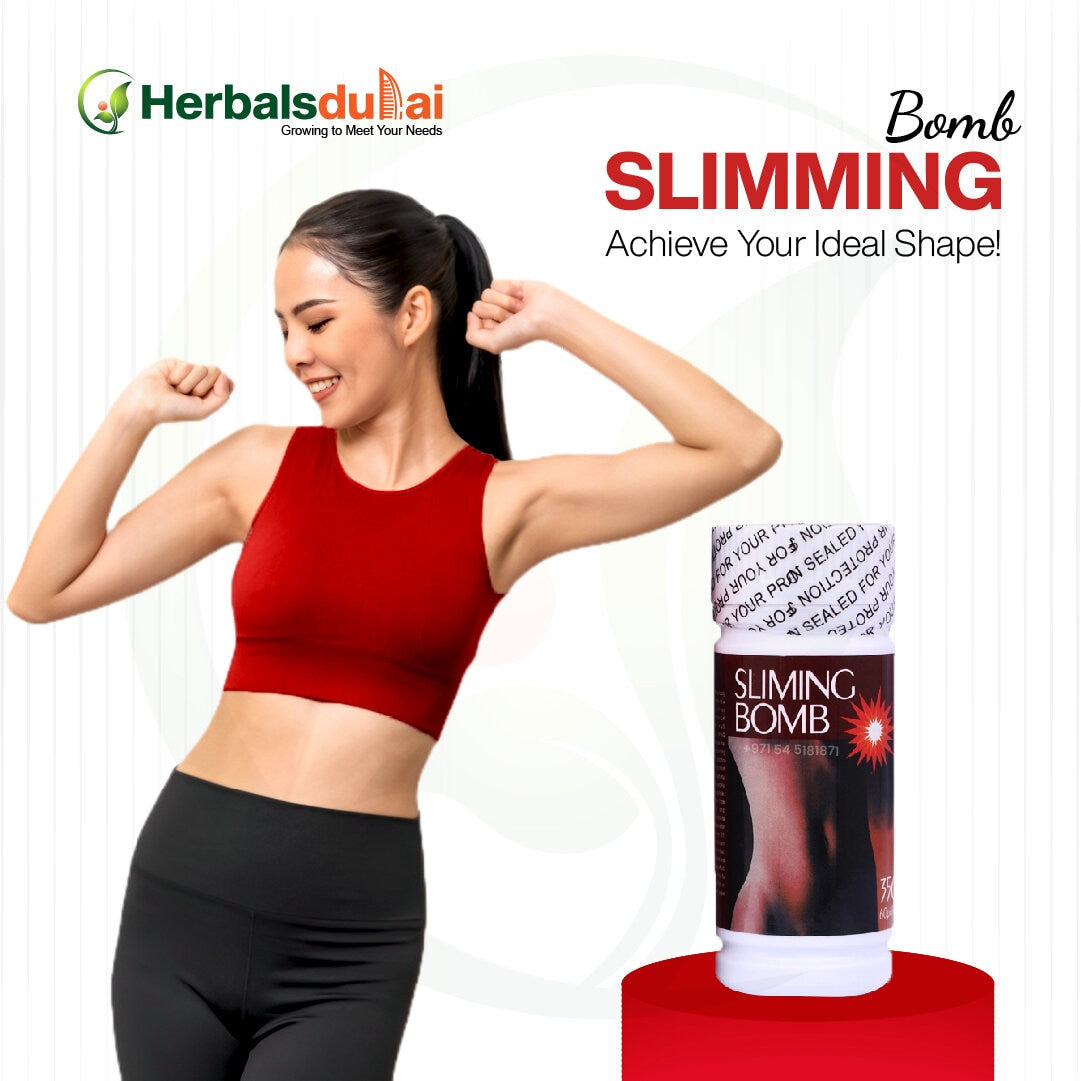 A fit woman in a red crop top flexes her arms next to a bottle of Slimming Bomb, with a Herbal Dubai logo and the text "Achieve Your Ideal Shape!" in the background.