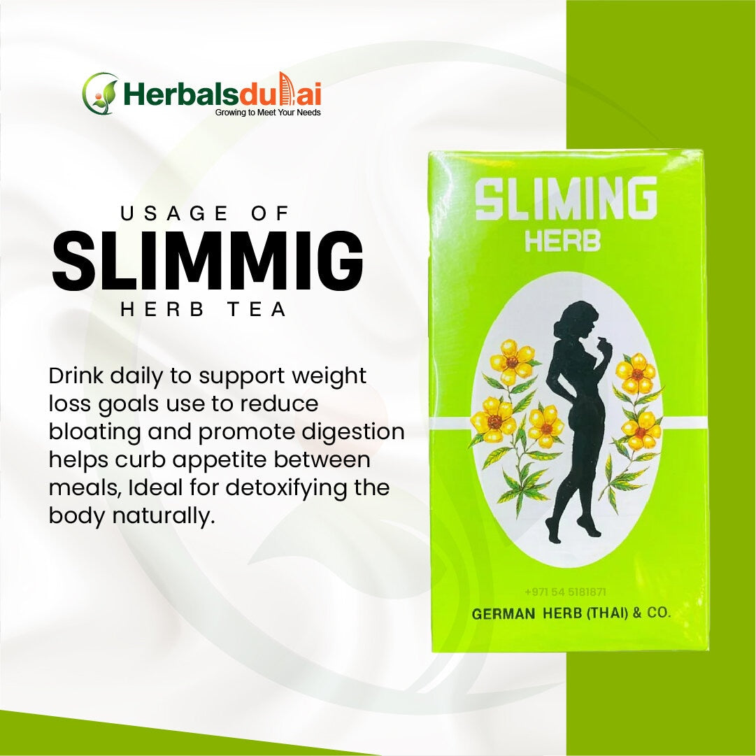 Slimming herb tea packaging with a silhouette of a woman surrounded by yellow flowers, promoting weight loss, digestion, and detox benefits from Herbals Dubai.