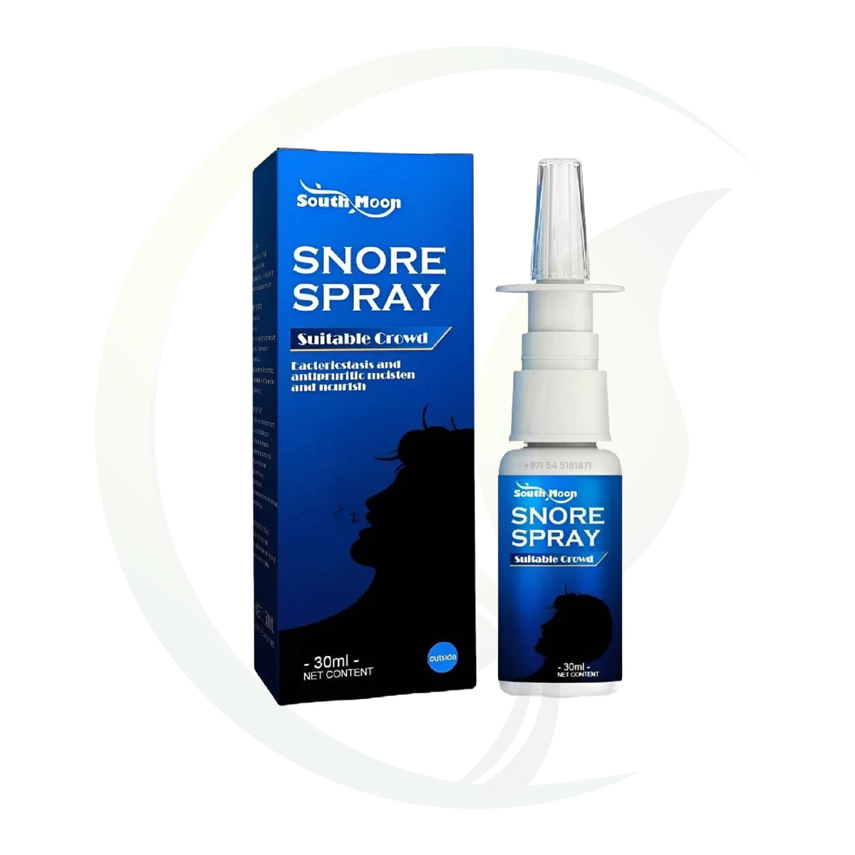 Snore spray product packaging, including a box and spray bottle labeled "South Moon Snore Spray" with silhouette design, suitable for reducing snoring.