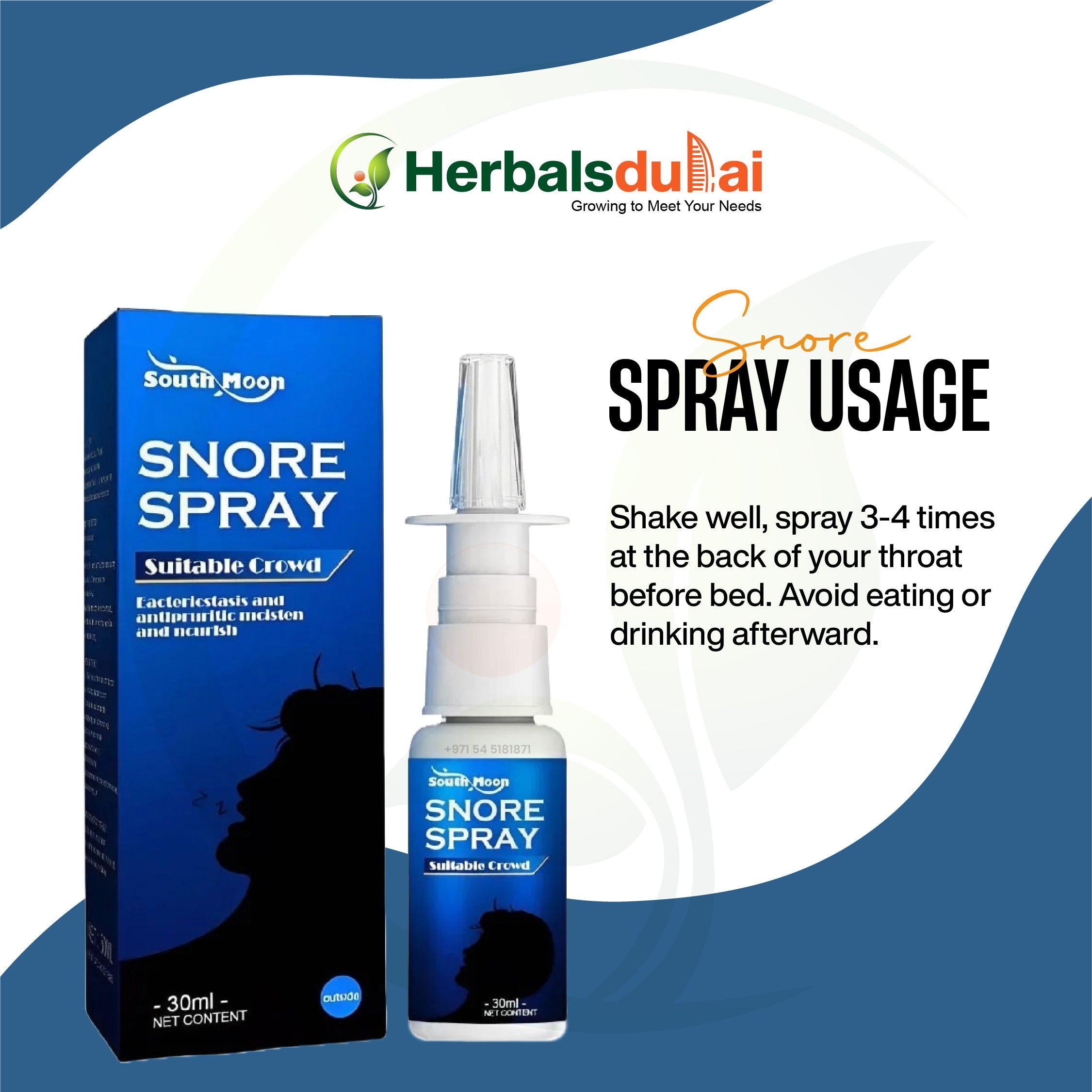 Image of South Moon Snore Spray with box and bottle, featuring instructions on usage, including shaking the spray and applying it before bed, displayed against a Herbals Dubai branded background.