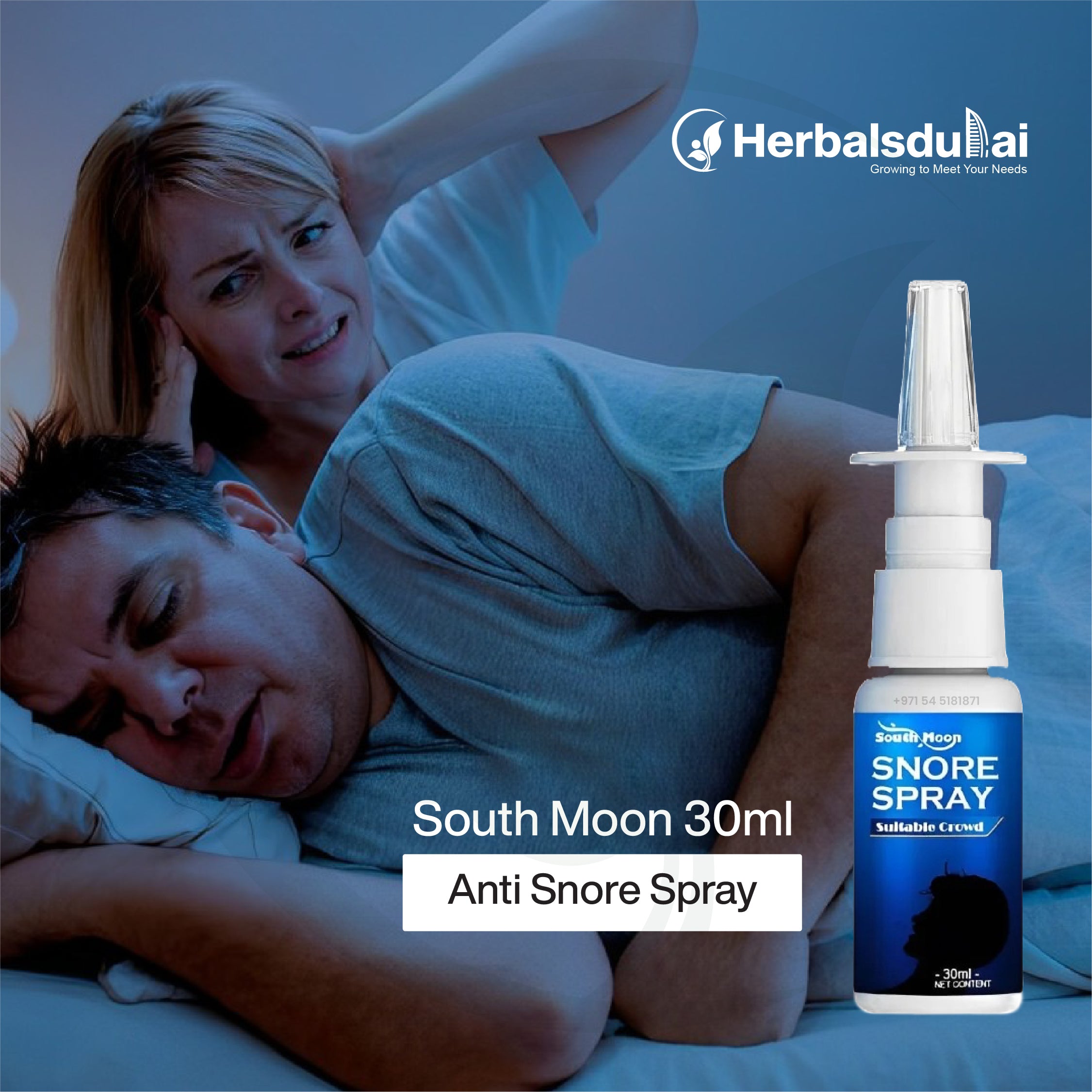 A woman covering her ears while lying next to a snoring man in bed, next to a bottle of South Moon Snore Spray, highlighting its use as an anti-snoring remedy.