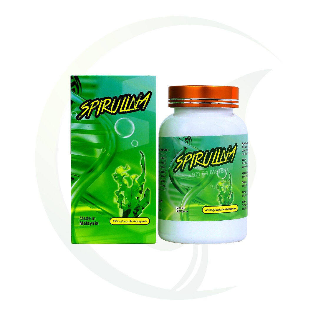 Spirulina supplement box and bottle with green and orange design.