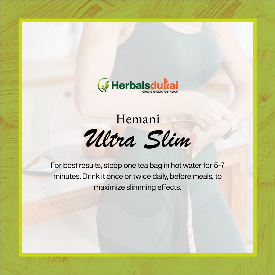 Usage of Hemani ultra slim tea. For best results, steep one tea bag in hot water for 5-7 minutes. Drink it once or twice daily, before meals, to maximize slimming effects