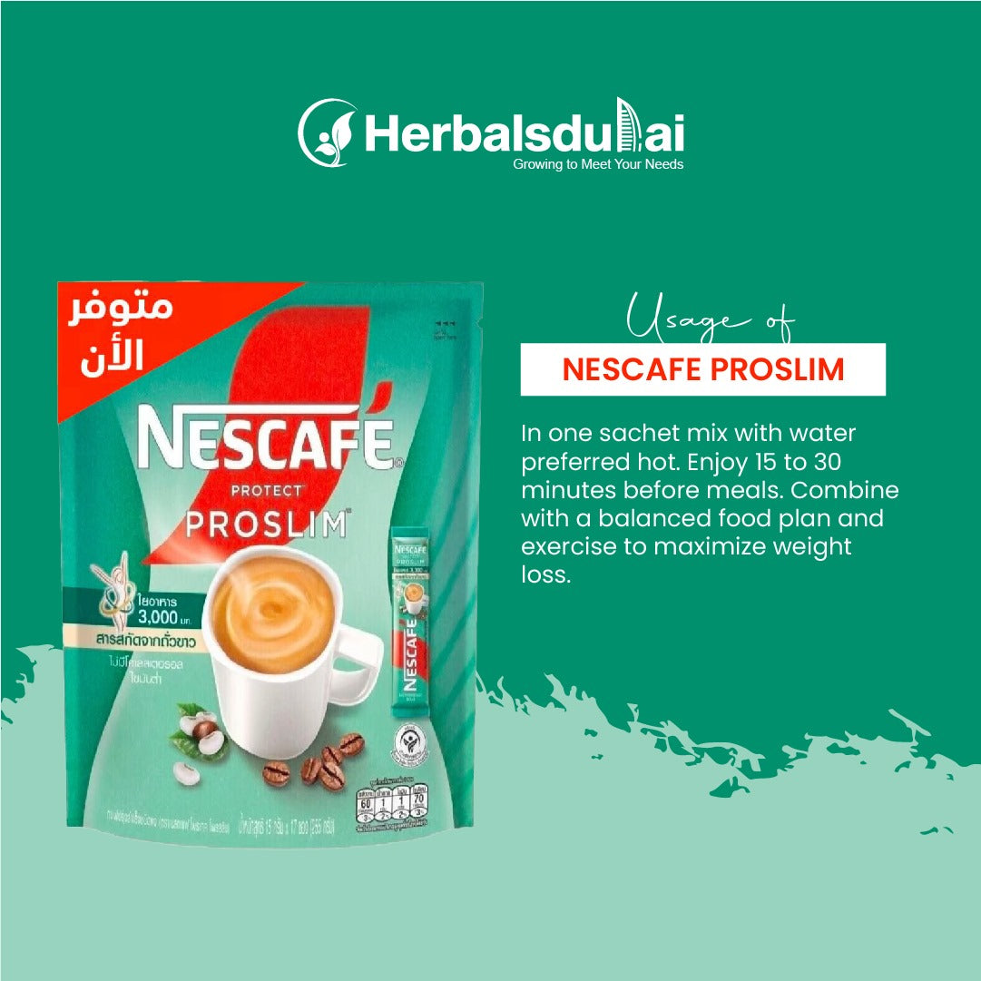 Usage of Nescafe Proslim. In one Sachet mix with water preferred hot. Enjoy 15 to 30 minutes before meals. Combine with a balanced food plan and exercises to maximize weight loss.