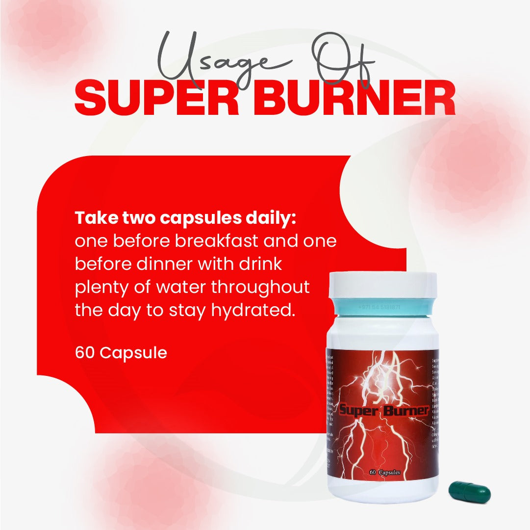 Usage of Super Burner Capsules. Take Two Capsules daily: One before breakfast and one before dinner with drink plenty of water throughout the day to stay hydrated. 60 Capsules