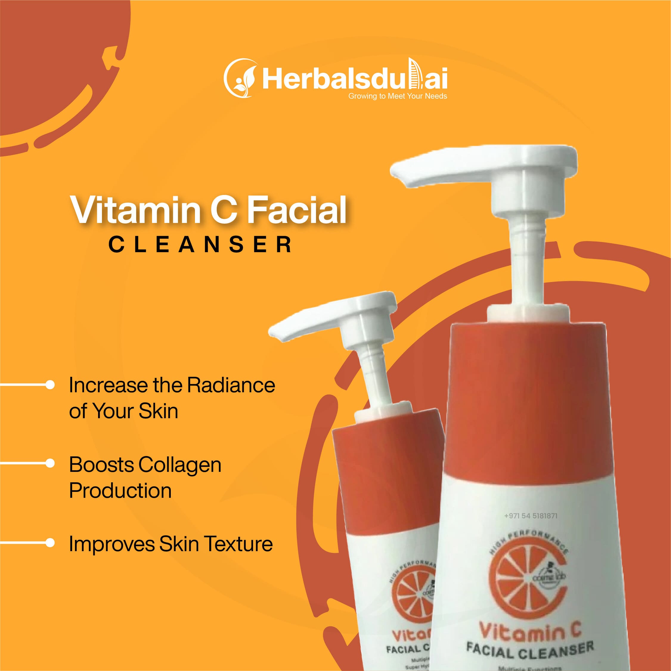 Image of Herbalsdubai Vitamin C Facial Cleanser with text offering benefits like increased skin radiance, boosted collagen production, and improved skin texture, set against an orange background.