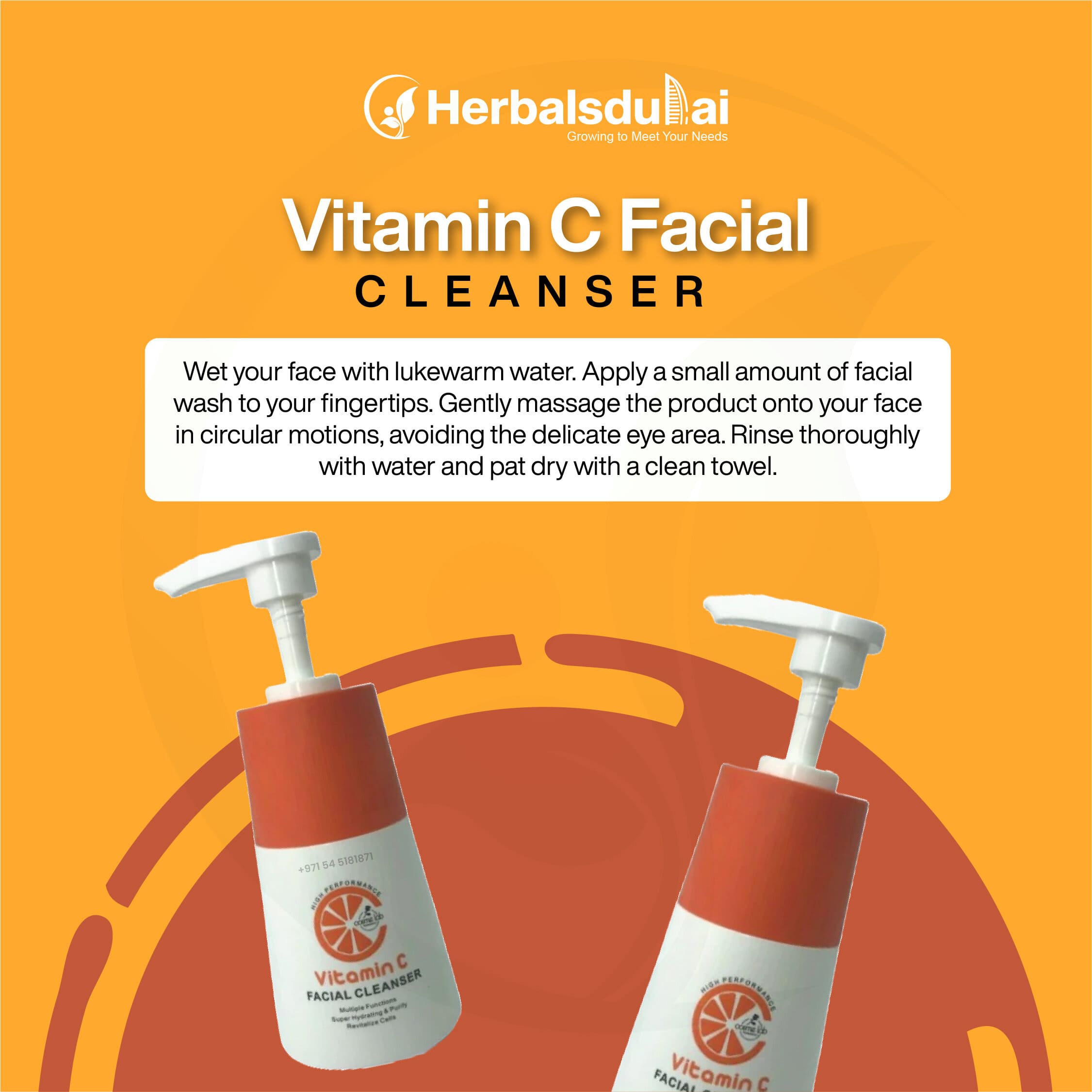 Promotional image for Herbals Dubai Vitamin C Facial Cleanser, featuring a vibrant orange background and a bottle with detailed usage instructions for optimal skincare results.