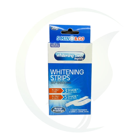 Whitening teeth rapidly self-dissolving strips packaging, featuring claims of shade improvement in just one use and after four days, with easy-fit treatments.