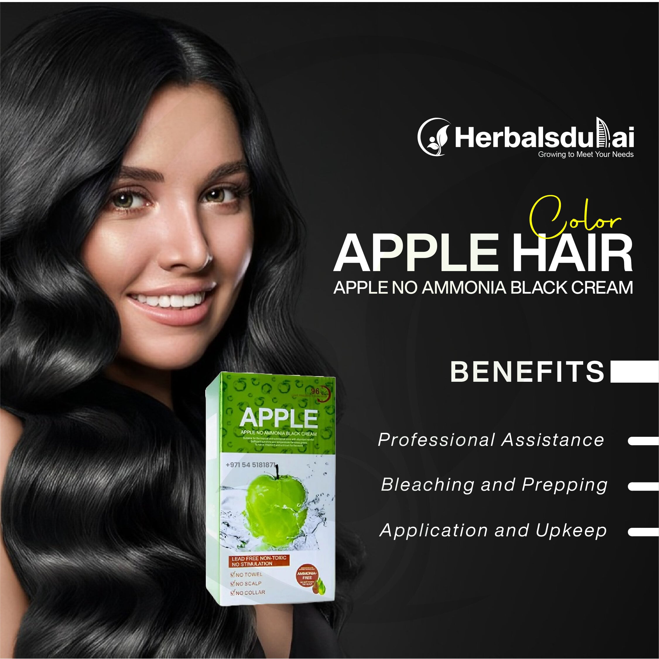 A woman with long, shiny black hair smiles, showcasing Apple Hair's ammonia-free black cream. The packaging highlights product benefits such as professional assistance, easy application, and upkeep.