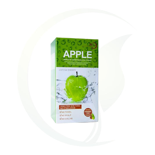 Box of Apple No Ammonia Black Cream with green apple image and product claims of being lead-free and non-toxic.