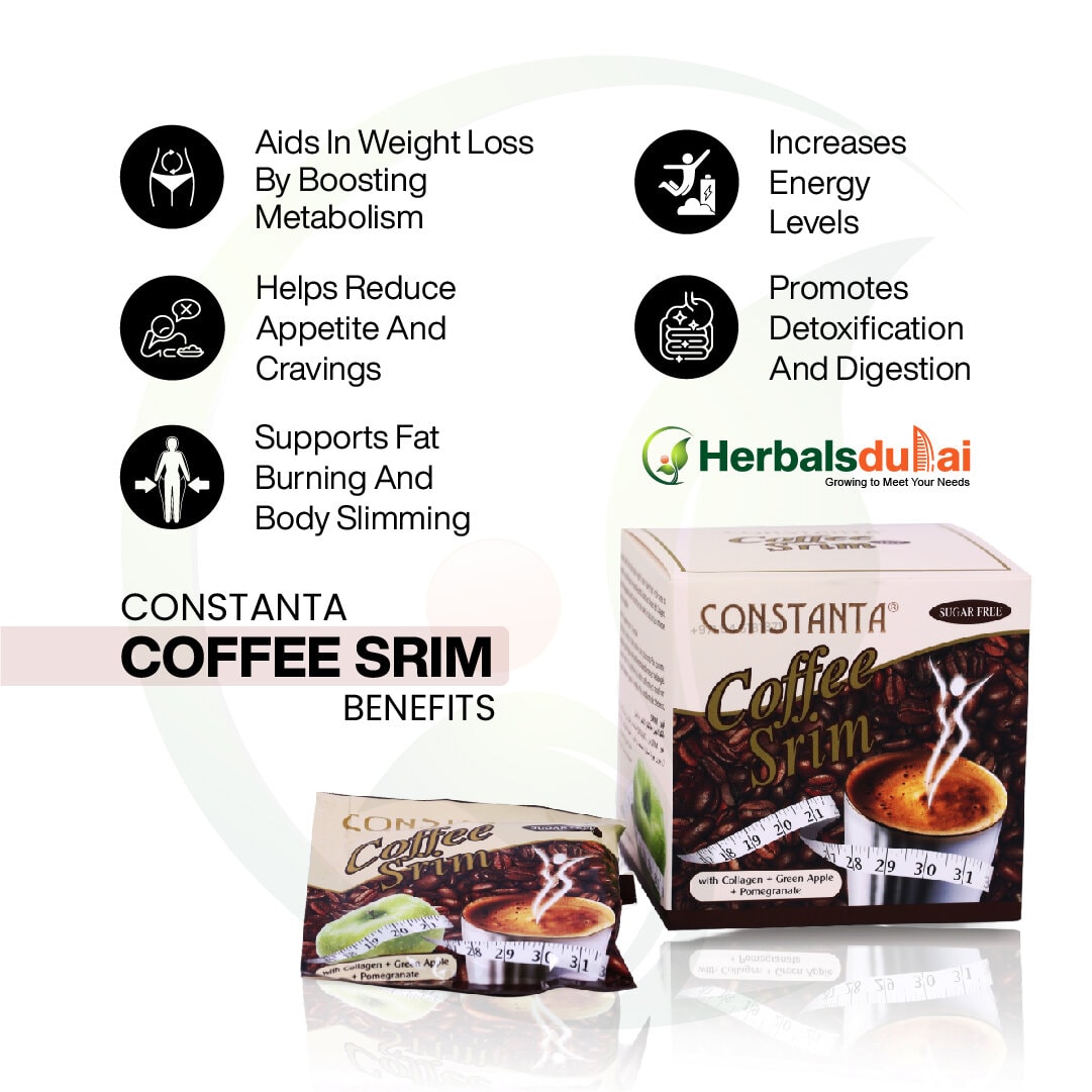 Constanta Coffee Srim benefits infographic. Highlights include weight loss support by boosting metabolism, reducing appetite and cravings, supporting fat burning and slimming, increasing energy levels, and promoting detoxification and digestion.
