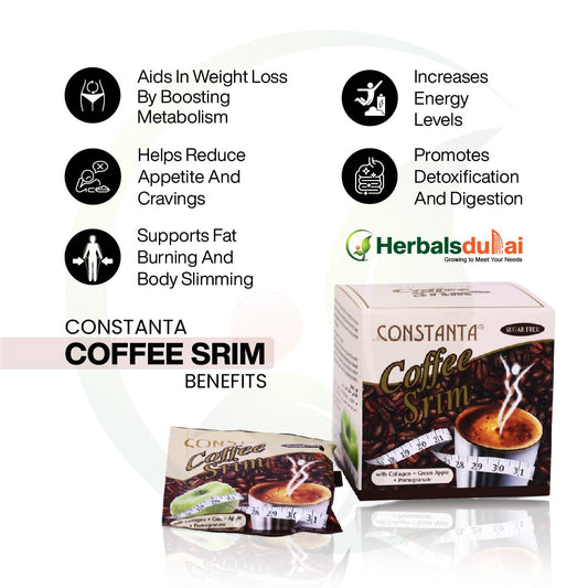 Constanta Coffee Srim benefits infographic. Highlights include weight loss support by boosting metabolism, reducing appetite and cravings, supporting fat burning and slimming, increasing energy levels, and promoting detoxification and digestion.
