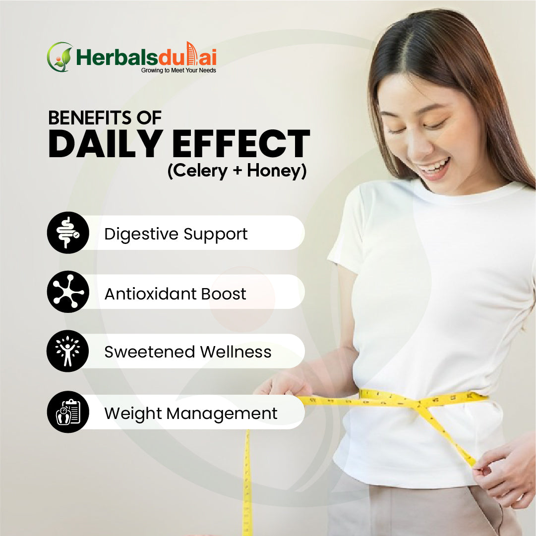 A smiling woman in a white t-shirt measures her waist with a yellow tape measure, accompanied by text highlighting the benefits of a product made with celery and honey, such as digestive support, antioxidant boost, sweetened wellness, and weight management, with the Herbals Dubai logo.