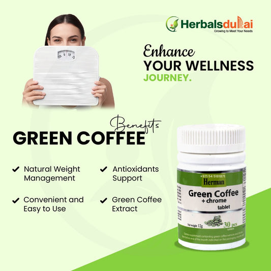 A promotional image featuring a woman holding a scale, highlighting the benefits of green coffee for natural weight management and antioxidant support. Includes a bottle of Herman Green Coffee with Chrome tablets, emphasizing convenience and presence of green coffee extract. Branding for Herbals Dubai is visible.