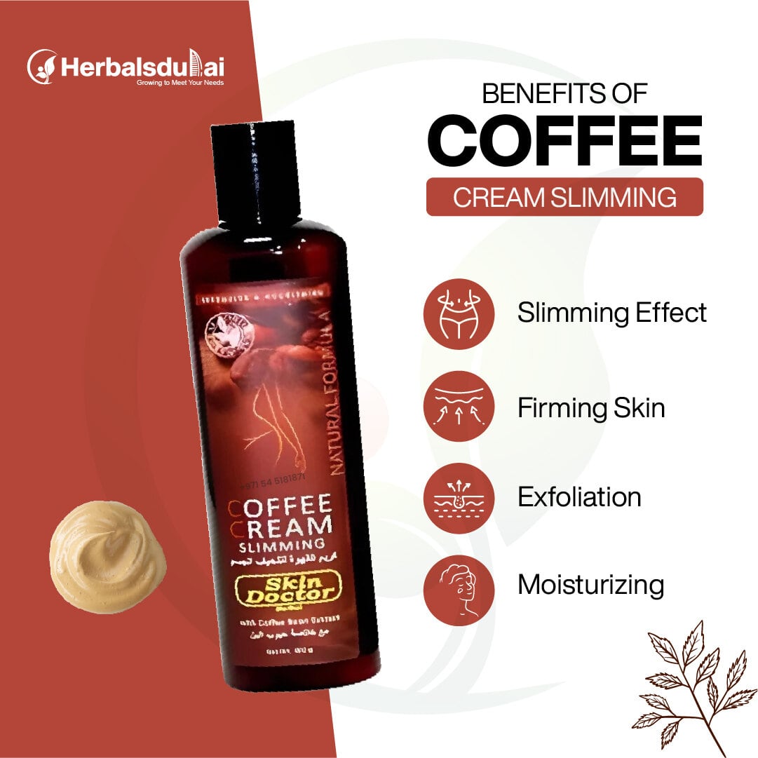 Bottle of coffee cream slimming product with benefits listed, including slimming effect, firming skin, exfoliation, and moisturizing, by HerbalsDubai.