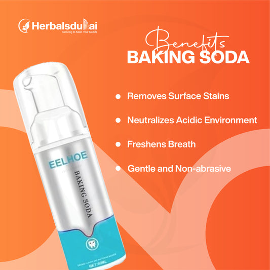 Bottle of baking soda product with benefits listed, including removing surface stains, neutralizing acidic environments, freshening breath, and being gentle and non-abrasive, by Herbals Dubai.