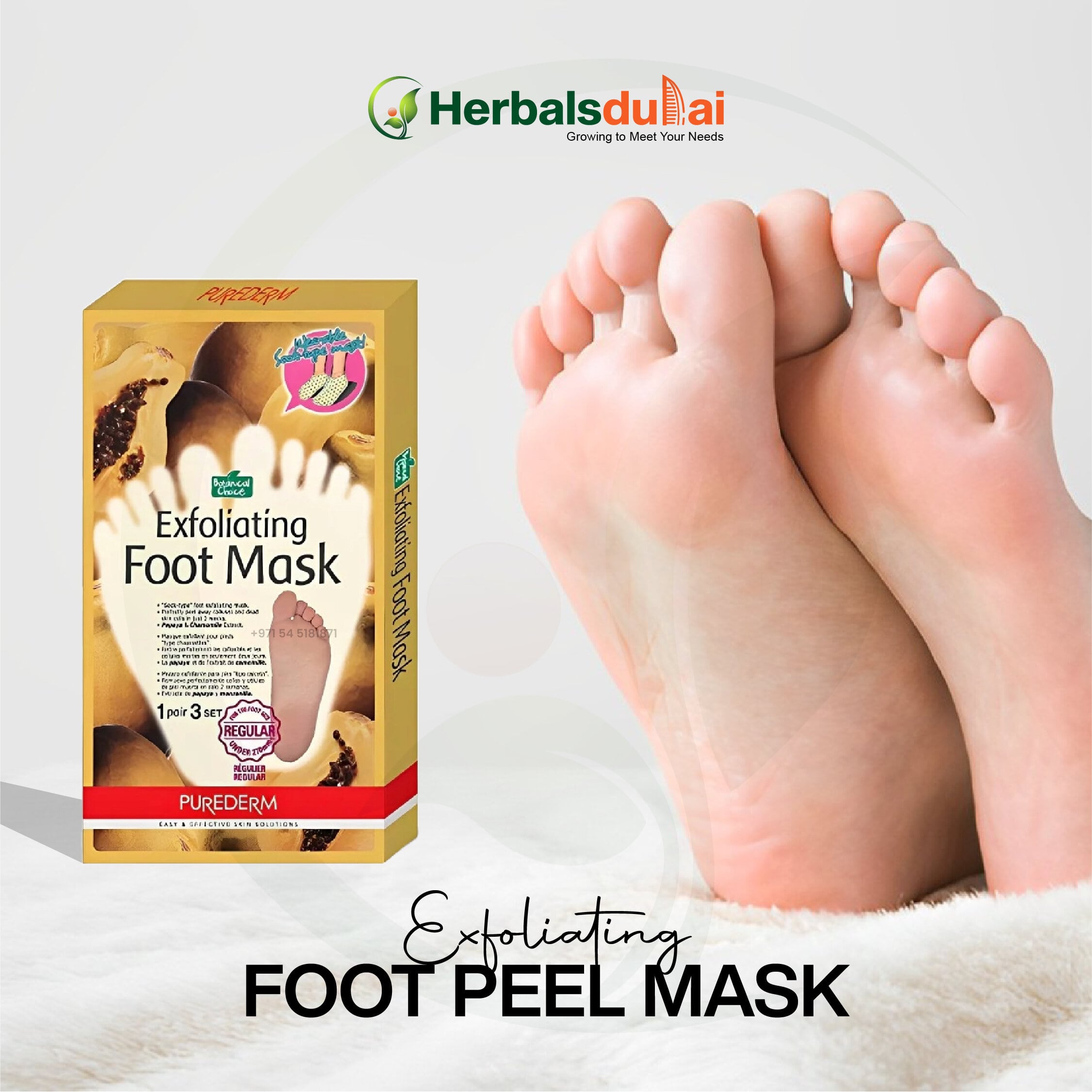 Image of a promotional graphic for an exfoliating foot peel mask by Herbals Dubai, featuring smooth feet in the background and instructions for use.