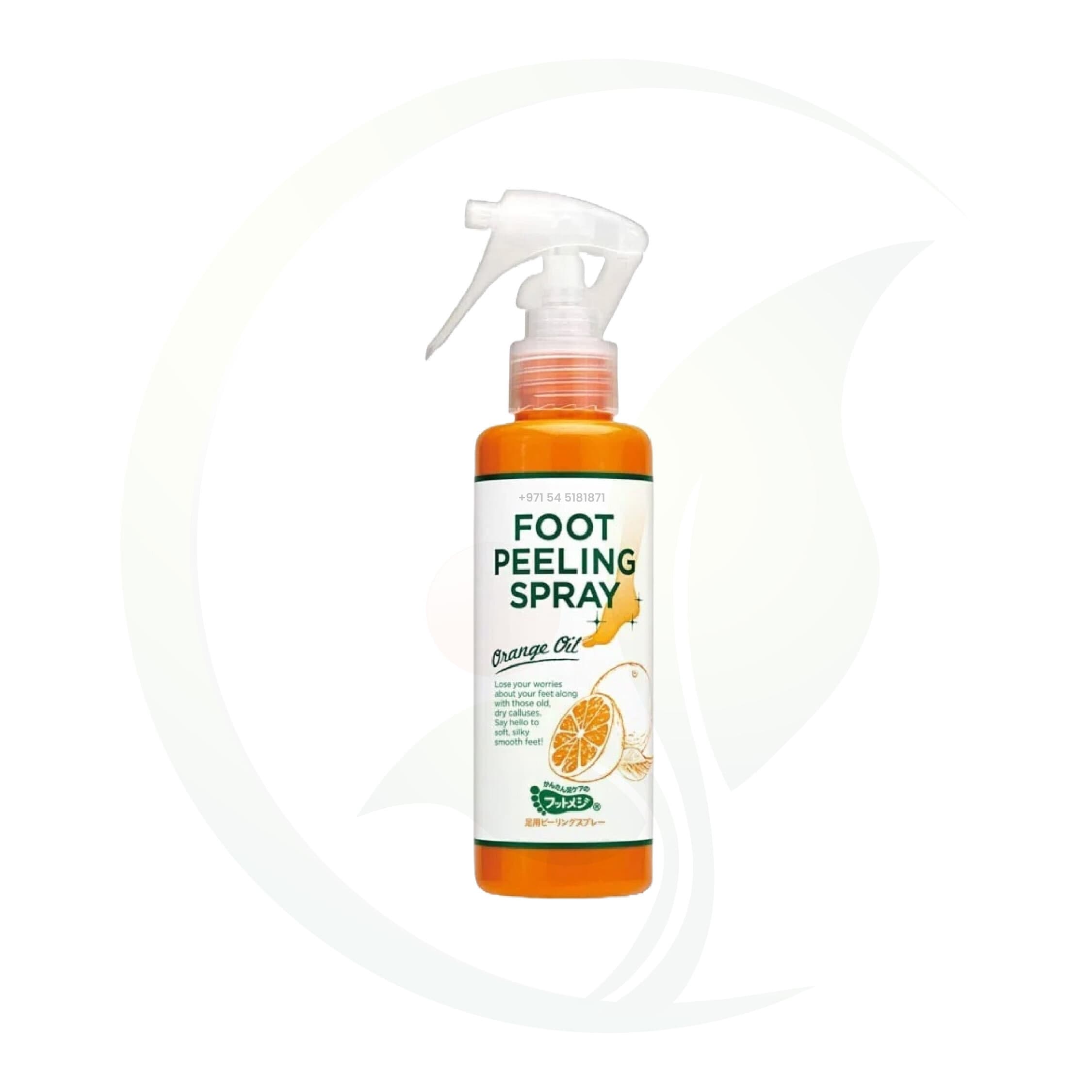 Orange oil foot peeling spray bottle with label, featuring a citrus design.