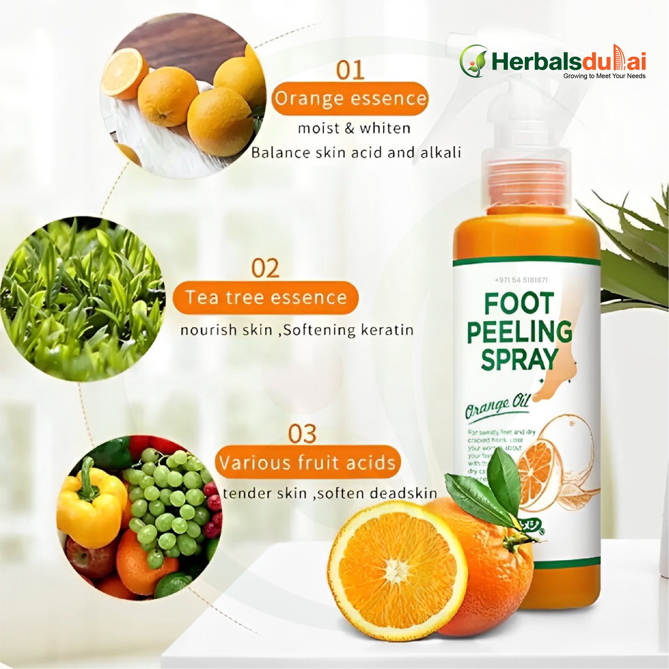 A foot peeling spray bottle with orange oil, surrounded by images illustrating ingredients: fresh oranges for essence, green tea leaves for tea tree essence, and various fruit acids with colorful fruits. Herbals Dubai branding in the top right corner.