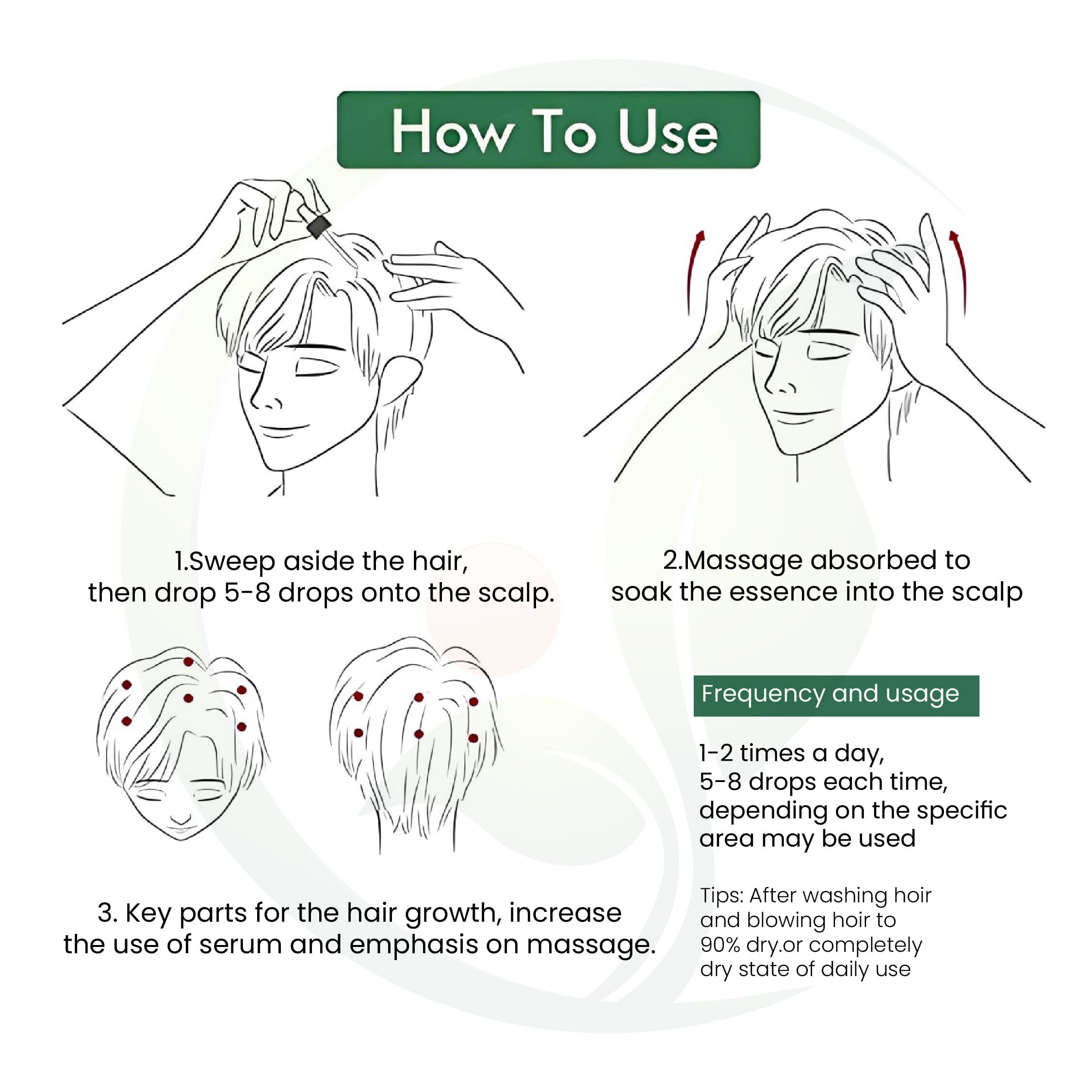 Instructions for applying king of ginger hair oil with illustrations of steps to drop and massage serum into the scalp, targeting key areas for hair growth.