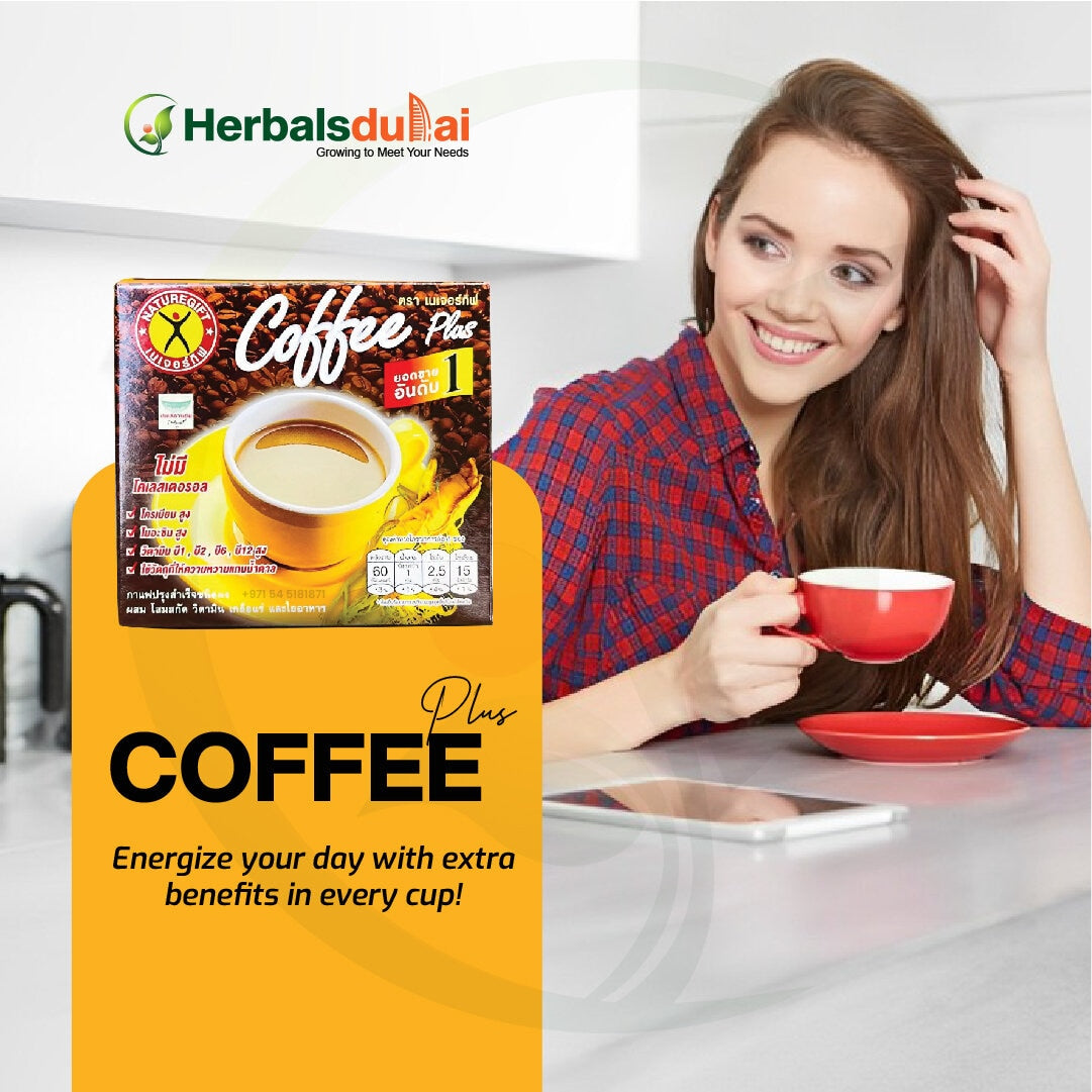 A woman smiling while holding a red cup of coffee at a table, next to a box of "Coffee Plus" with the Herbal Dubai logo, promoting energizing benefits in coffee.