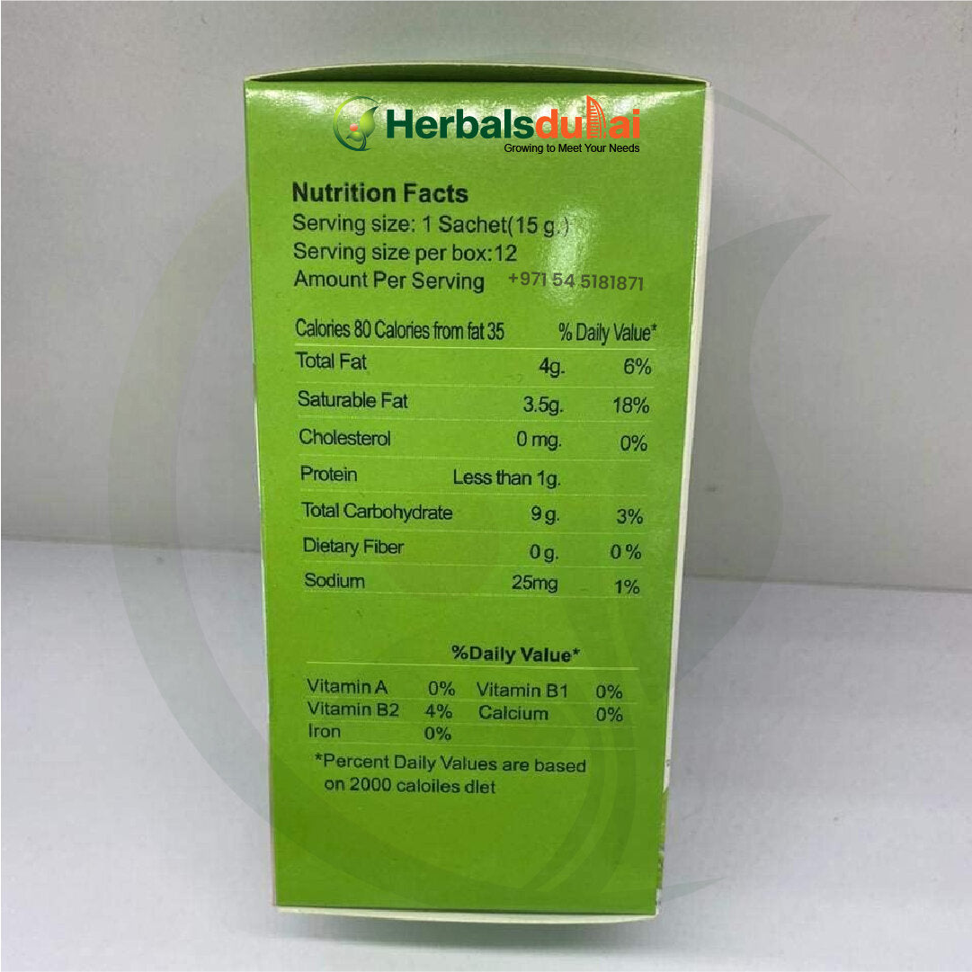 A green box displaying the nutrition facts of a product, including serving size, calorie content, total fat, carbohydrates, and vitamin percentages. The brand name "Herbals Dubai" is featured prominently at the top.