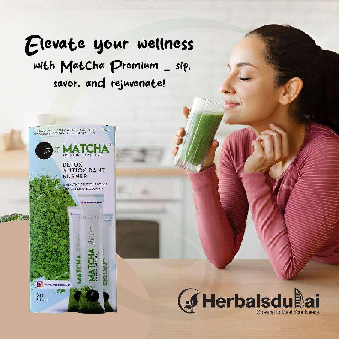 Woman enjoying a glass of green matcha drink next to a package of premium Japanese matcha powder by Herbals Dubai, promoting wellness and rejuvenation.


