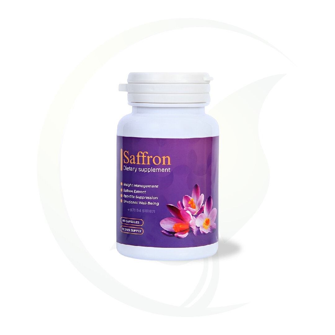 A bottle of saffron dietary supplement with a purple label, featuring saffron flowers and product benefits such as weight management and appetite suppression.