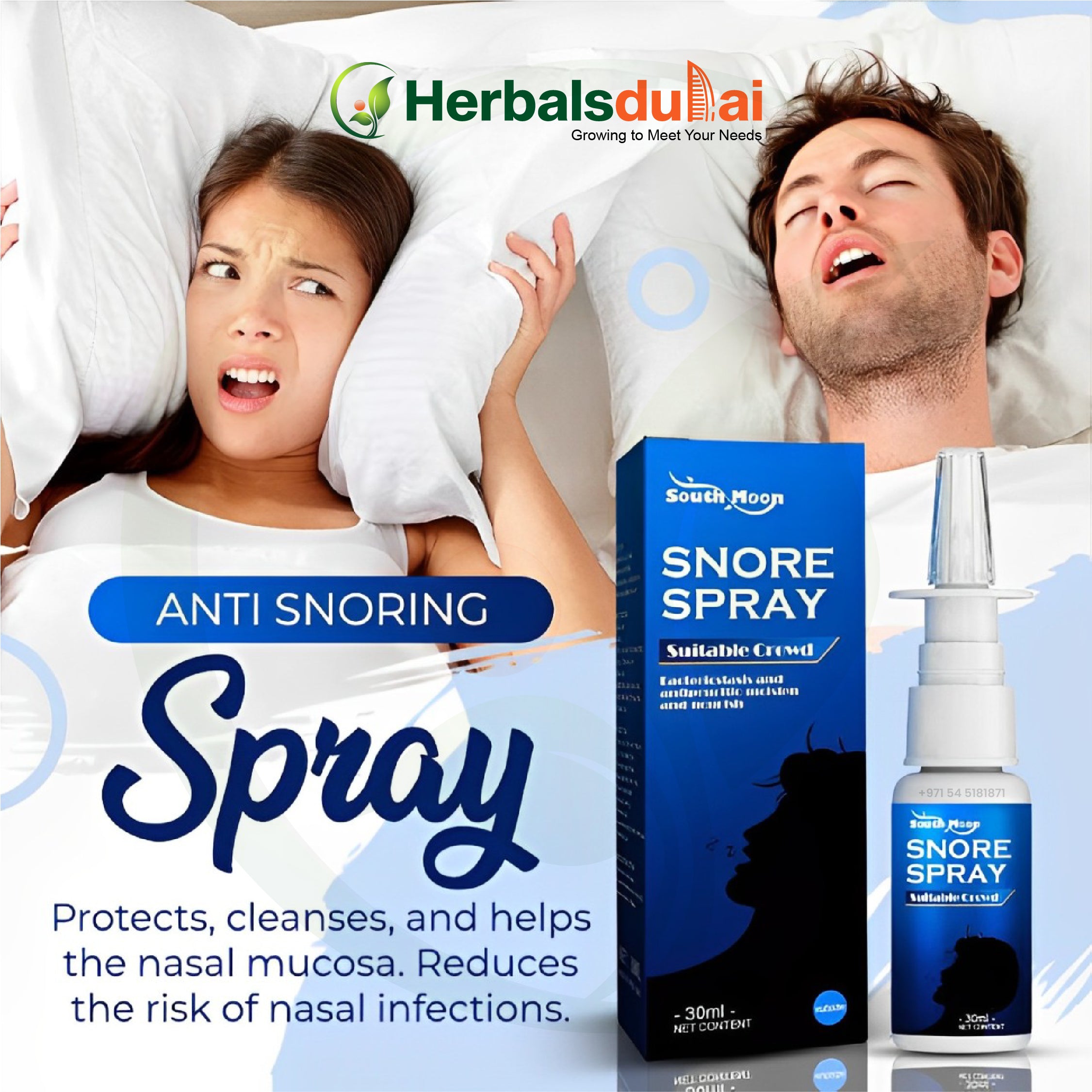 A man is sleeping with his mouth open next to a distressed woman holding a pillow over her ears. In the foreground is a snore spray product box and bottle, labeled for reducing snoring and nasal issues, with the Herbal Dubai logo.