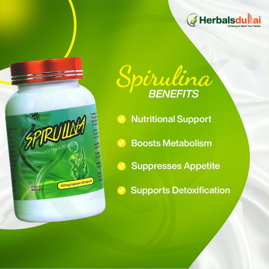 Image of a spirulina supplement bottle with highlighted text listing benefits such as nutritional support, boosting metabolism, suppressing appetite, and supporting detoxification. The background features vibrant green and white tones with the Herbal Dubai logo.