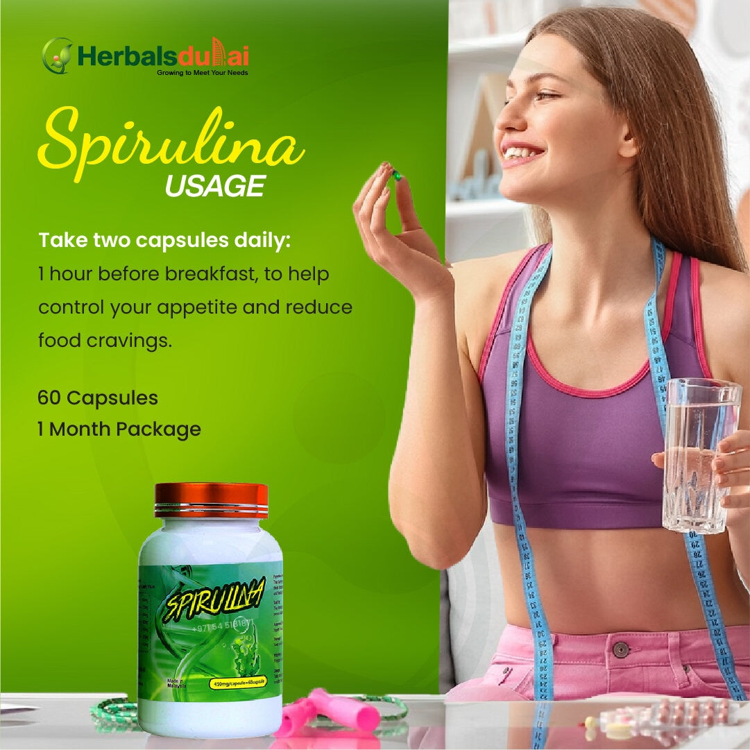 Woman holding glass and measuring tape with spirulina supplement bottle, promoting appetite control and reducing food cravings.