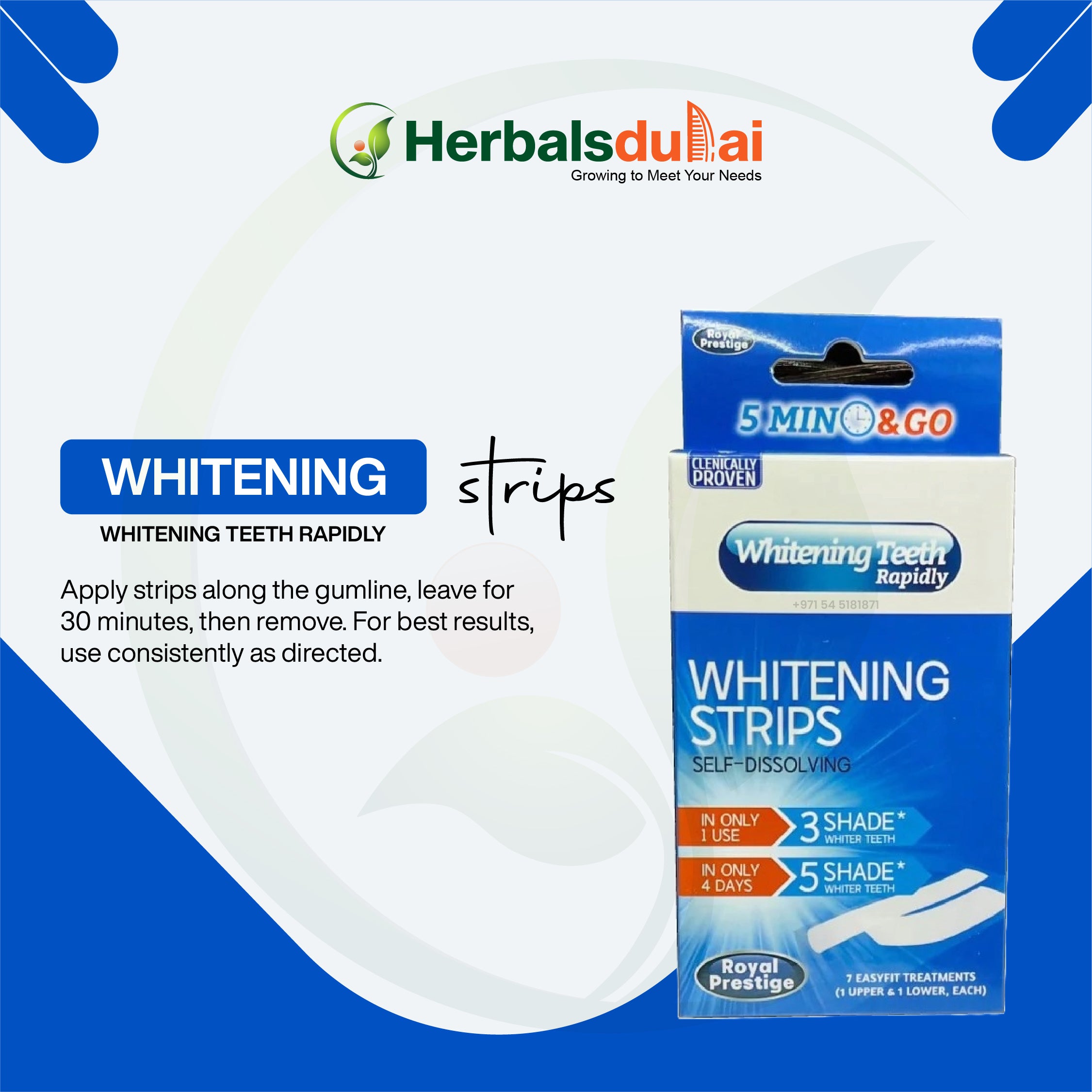 Whitening strips package with instructions for rapid teeth whitening by Herbals Dubai. Product promises quick results with consistent use.