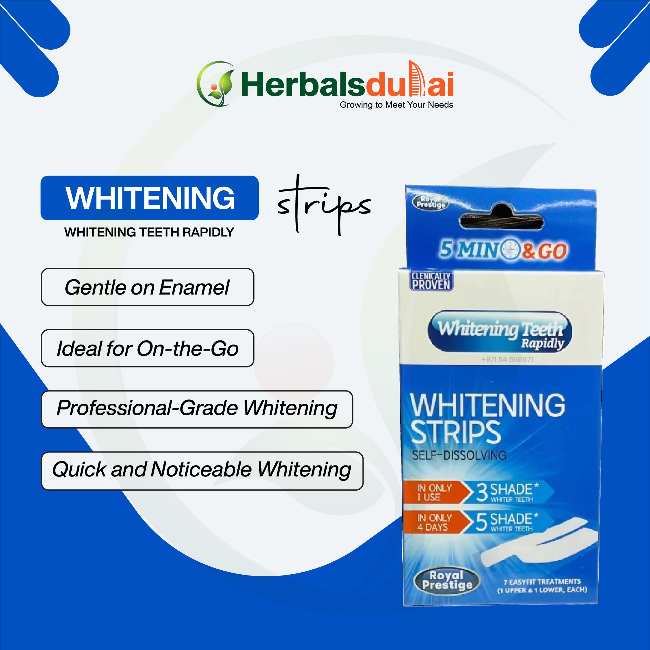 Image of a product packaging for whitening strips by Herbals Dubai, featuring benefits such as fast and noticeable whitening, gentle on enamel, ideal for on-the-go use, and professional-grade results.