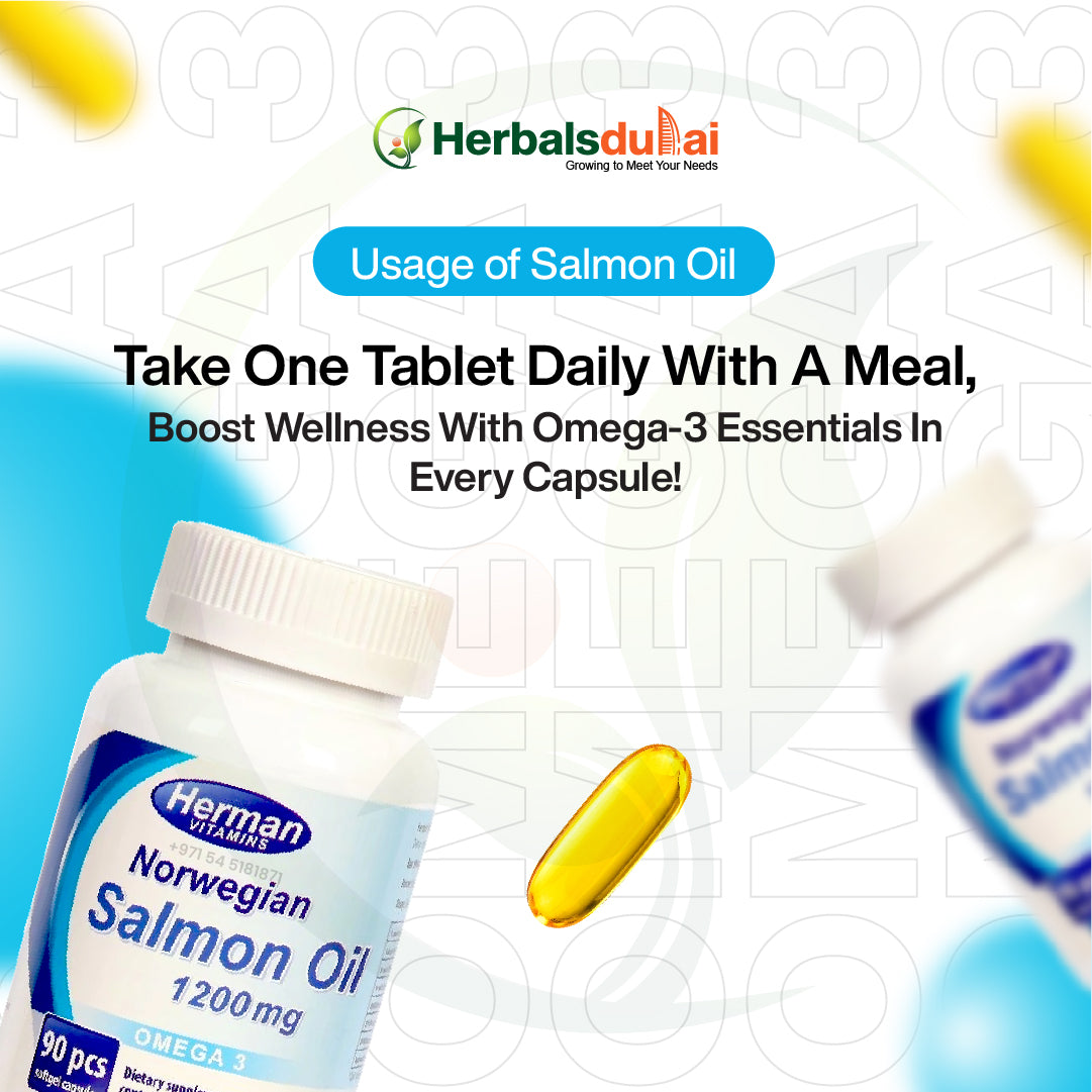 A bottle of Norwegian salmon oil supplement from Herman Vitamins, promoting daily wellness with omega-3 essentials, with a single yellow capsule displayed nearby.