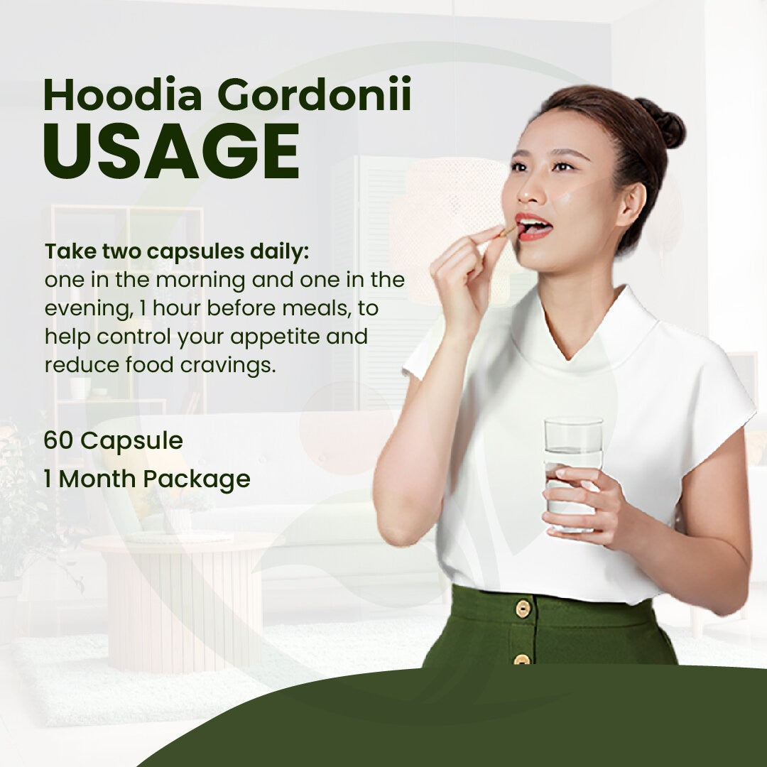 Woman taking Hoodia Gordonii capsule with a glass of water, illustrating usage instructions for appetite control and reduced food cravings. Text includes dosage details for a 60-capsule, 1-month package.