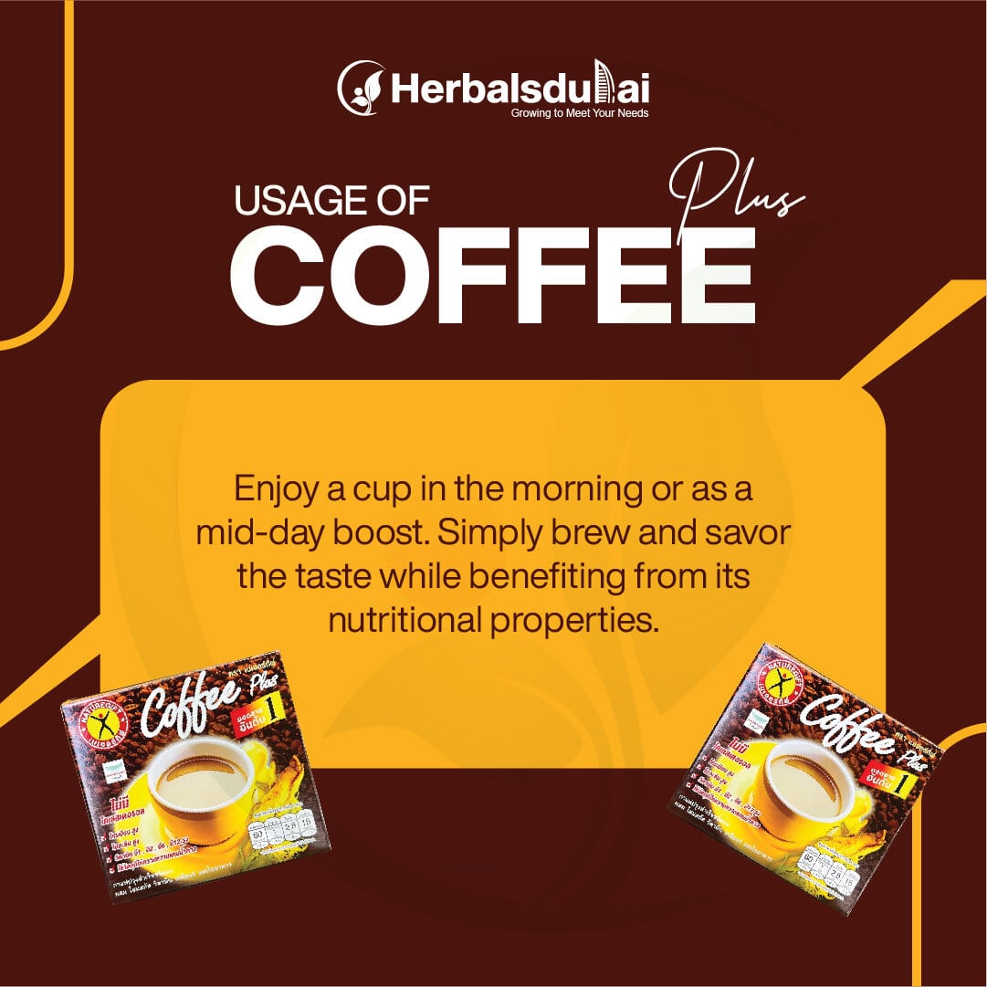 Image of a promotional banner for Herblsdubai Coffee Plus, featuring two product boxes. The banner highlights the benefits of enjoying a cup of coffee in the morning or as a mid-day boost.